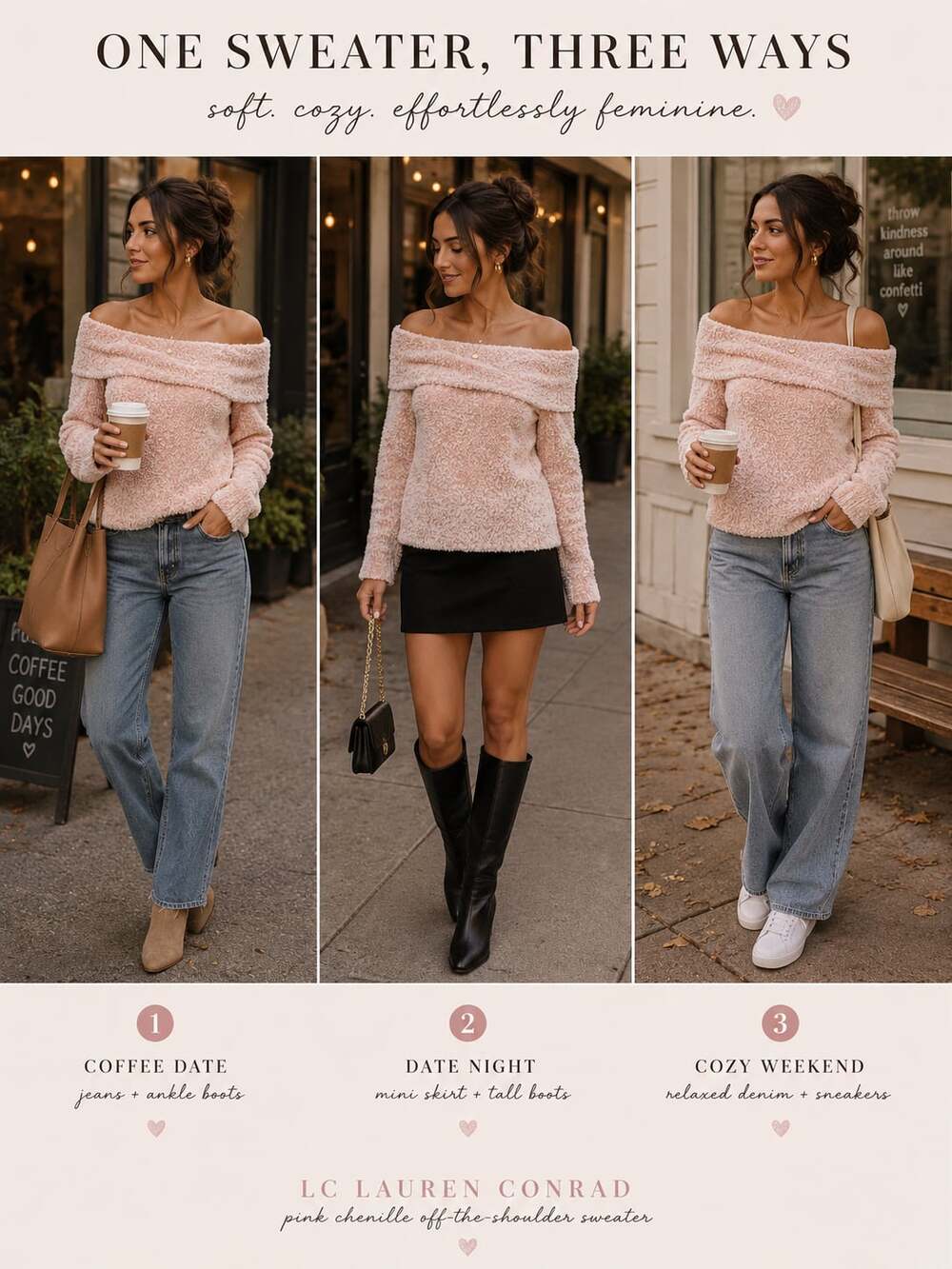 LC Lauren Conrad Pink Chenille Off Shoulder Foldover Sweater